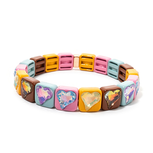Bracciale Elastico CENDA Boho Macaron Multicolore <span class=keywords><strong>con</strong></span> Smalto e Strass Lucidi, Bracciale da Festa <span class=keywords><strong>con</strong></span> <span class=keywords><strong>Perline</strong></span> a Cuore e Quadrato - Product Image 4