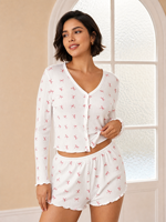 Ensemble de pyjama côtelé pour femme, imprimé nœud, manches longues et short, 2 pièces, vêtements de nuit et de détente avec bordure festonnée, 4 couleurs