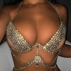 Women Backless Hollow Bra Chain Jewelry Sexy Nightclub Big Rhinestone Diamond Breast Chain