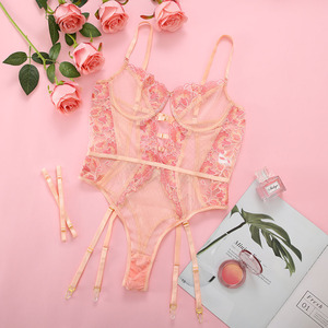 ZZYUP New Sexy Pink body ricamo prospettiva floreale intimo donna Lingerie erotica ferretto raccogliere reggiseno giarrettiera - Product Image 6