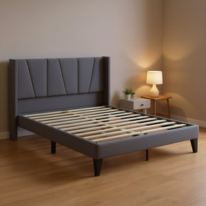 Modern Upholstered <b>Bed</b> <b>Frame</b> Full <b>Queen</b> <b>Size</b> Wingback Headboard Fabric Wood Slat Support Soft <b>Bed</b> Design - Product Image 2