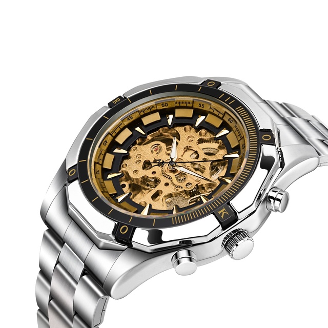 Men Silver Mechanical Stainless Steel Skeleton Waterproof Automatic Self-Winding Roman Numerals Diamond Dial Wrist Watch