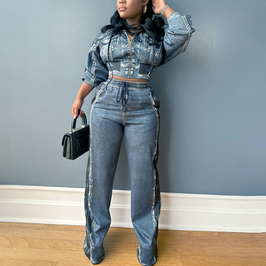 Autumn-Vintage Denim Print Wide-Leg <b>Pants</b> Two-Piece Suit for Women Fashion - Product Image 3
