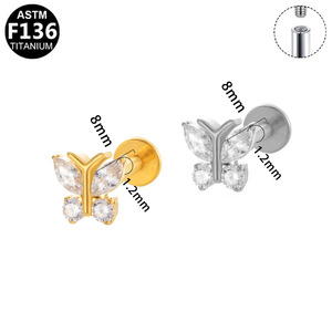 Clous d'oreilles papillon en titane F136, bijoux de piercing tendance pour femme en alliage de titane, boucles d'oreilles de fête avec incrustation de cristaux - Product Image 5