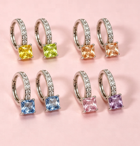 Customizable Multiple Color Princess Square Gem Huggie <b>Earrings</b> Micro Pave Crystal <b>Dangle</b> <b>Earring</b> Daily Gift Bulk - Product Image 1