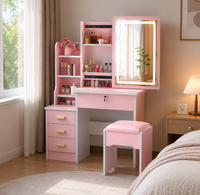 Coiffeuse moderne blanche à LED avec miroir, armoire de rangement, tiroirs et tabouret – Ensemble de meubles de chambre à coucher