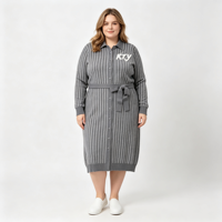 Robe en tricot à col polo rayé gris pour femme, avec ceinture, broderie et manches longues, faible MOQ