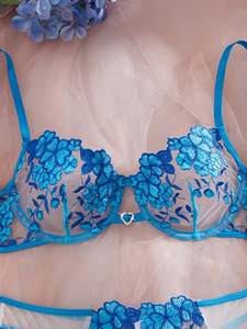 Set Lingerie Donna in Pizzo Trasparente Blu con Ricamo Floreale, Reggiseno Push-up e <span class=keywords><strong>Perizoma</strong></span>, 2 Pezzi, Intimo Disponibile nel Magazzino USA - Product Image 2