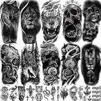 3D Grote Tribal Tijger Leeuw Death Skull Tattoo Stickers Halloween, Bloem Kompas Wolf Uil Tatoos Anker