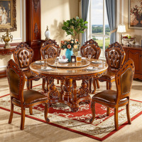 Ensemble de table à manger ronde en bois massif sculpté à la main de style européen de luxe avec plateau tournant en verre et chaises en cuir PU pour villa et maison - Vente en gros
