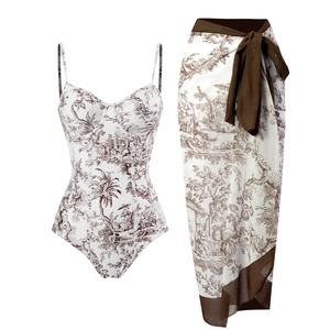 Traje de Baño Personalizado de Talla Grande para Mujer, de Una Pieza, con Falda Cruzada a Juego, Estampado Floral Retro, Conjunto de Dos Piezas - Product Image 2