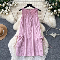 Robe courte d'été sans manches taille haute coupe trapèze pour femme, style doux, avec poches à cordon, robes décontractées