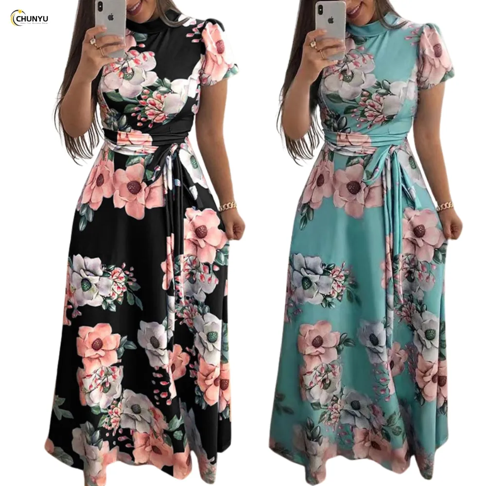 women's plus size spring Summer Casual loose short sleeve lace up elegant floral long maxi chic evening dress for women ladies