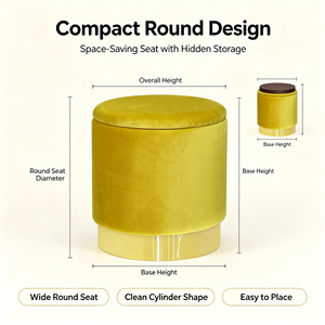 Pouf Contenitore Rotondo Multifunzionale Portatile in Velluto con Base in Acrilico Dorato per Camere da Letto, Soggiorni, Hotel e Ville - Product Image 3