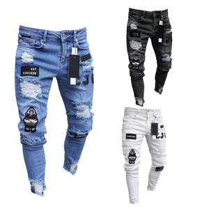Custom 100% Algodão Do Vintage High Street <span class=keywords><strong>Jeans</strong></span> Fino para Homens Nova Primavera Verão Lavagem Escura Skinny Casual Impressão Padrão Rasgado Denim