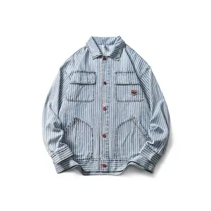 2024 Autumn Newest Casual Loose Fit Mens Cotton Jacket Striped Denim Jacket Ins Multi Pocket Vintage Jacket Cotton Fabric Woven