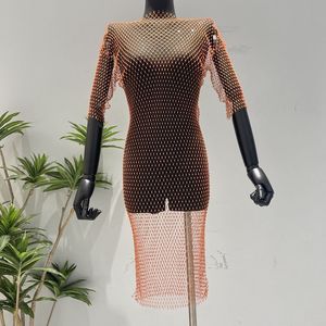 Plage vacances évider strass Internet célébrité cinquième robe résille vêtements pour femmes creux Sexy transparent robe de plage - Product Image 3