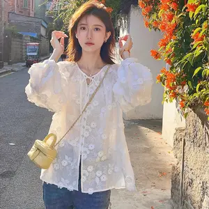 Selling fashion long sleeve cardigan sweet white top three-dimensional embroidered lace women casual shirt