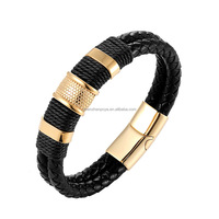 Bracelet en cuir tressé double couche pour homme POYA, fermoir magnétique en acier inoxydable noir, cadeau pour lui
