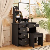 Bureau de maquillage moderne noir avec miroir éclairé par LED, 4 tiroirs, étagères de rangement