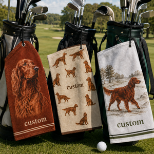 Serviette de golf vintage personnalisée en microfibre pour animaux de compagnie, motif <span class=keywords><strong>chien</strong></span> Irish Setter, avec anse à œillet, accessoire de luxe - Product Image 1