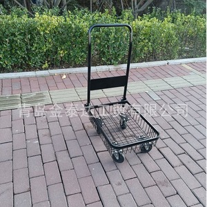 Flatbed Handcart Steel Mesh <b>Four</b>-<b>Wheel</b> Single Layer Shopping <b>Trolley</b> Black Portable Folding Logistics Cart - Product Image 1