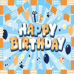 Bannière de fond Joyeux Anniversaire motif patte de chiot bleu <span class=keywords><strong>orange</strong></span> pour photographie canine, décorations et baby shower sur le thème des amis canins - Product Image 1