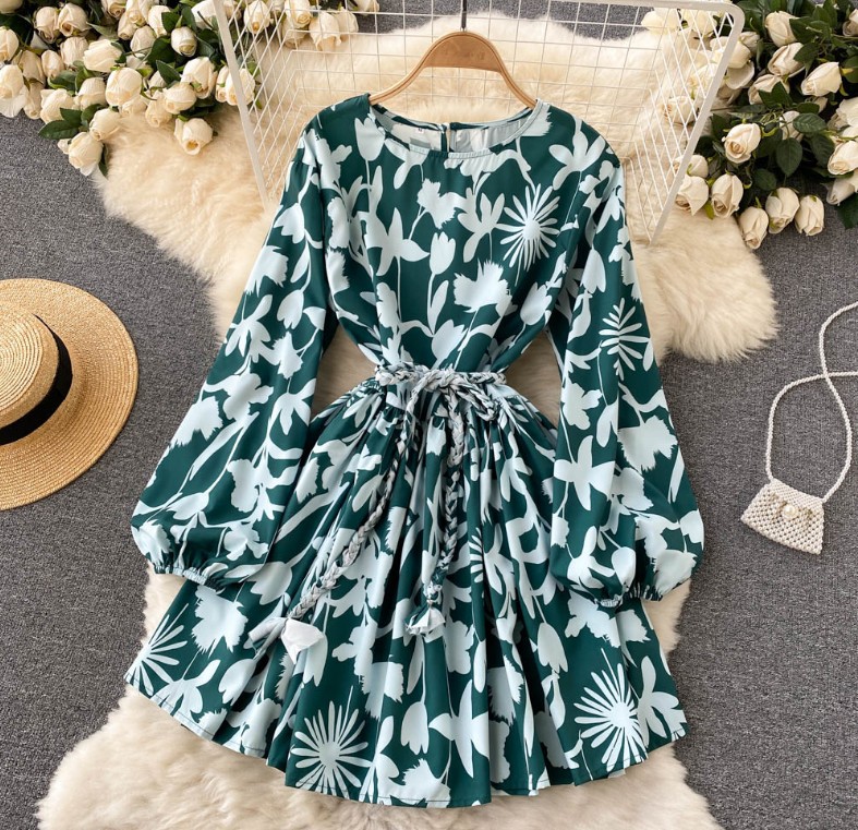 green emerald velvet dress White and Green Floral Print Sleeveless Princess Seam Dress – Olivia Dress main image 1