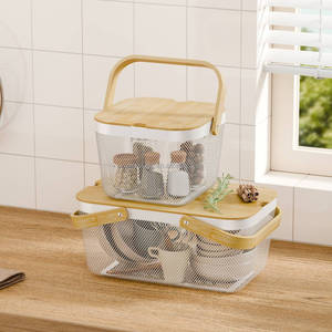 WIREKING Paniers de rangement modernes écologiques pour fruits et légumes, en fil métallique portable avec poignée en bois - Product Image 2