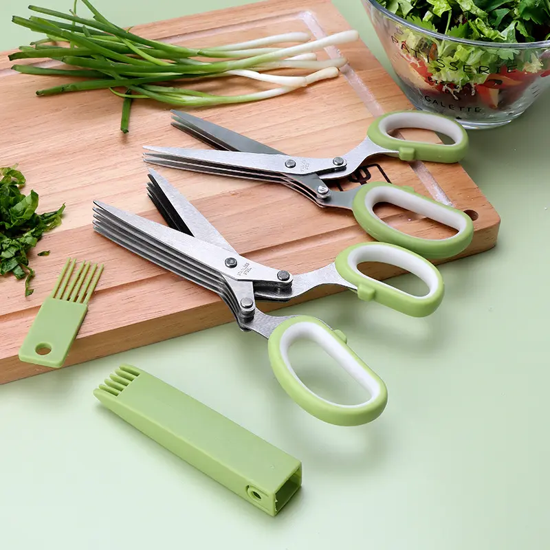 KINGWISE OEM Multi Purpose Rubber Handle Stainless Steel Kitchen Vegetable Shears 5 Blades Herb Scissors