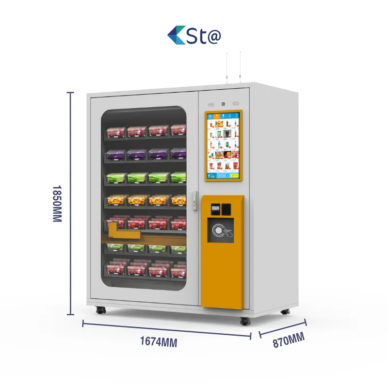 Máquinas de bebidas de aperitivos Cosméticos pequeños personalizados Máquina Expendedora de ensaladas de frutas combinada de elevación automática de pestañas