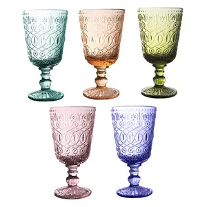 Embossed Vintage Wedding Colorful Wine Glasses Drinking Cupsware Goblet Crystal Red Wine Glasses Diamond Pattern Wine Glass sets