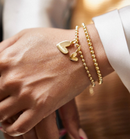 Bracelet à billes en acier inoxydable plaqué or 14K Jietao avec double breloque cœur, gravure personnalisée, ne ternit pas, bijoux délicats pour maman et femme
