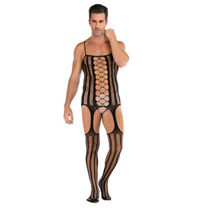 Jacquard Men Sexy Lingerie Underwear Open Crotch Fishnet Bodystocking Wholesale - Product Image 3