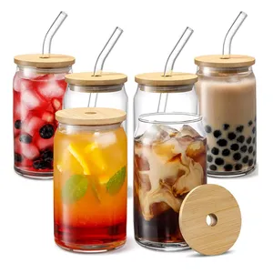 Drinking Glasses with Bamboo Lid Glass Straw- 16oz Can Shaped Glass  Cups,Beer Glasses,Iced Coffee Glasses,Soda,Bubble Tea,Juicing, Smoothies