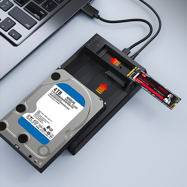 USB 3.2 to SATA I/II/III and M.2 Dual Bay External Hard Drive Docking Station for 2.5 / 3.5in HDD SSD and M.2 SSD HD055