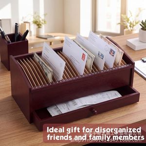 Wooden <b>Desktop</b> Organizer <b>Shelf</b> 32 Slots With Drawer For Receipts Letters Documents Office Desk Mail Storage - Product Image 4
