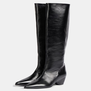 Botas de tacón bajo de cuña estilo vaquero con punta, de ajuste ancho hasta la rodilla para mujer, de nuevo diseño y color liso. - Product Image 2
