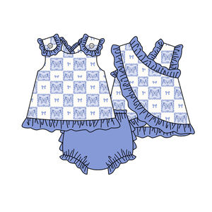 GBO0524 Ensemble de vêtements décontractés pour fillette, sans MOQ, avec nœuds bleus et imprimé papillon, sans manches, style bummies, vente en gros pour enfants - Product Image 1