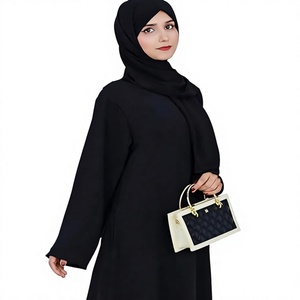 Abaya noire unie pour femme, manches longues, col montant, longueur ras du sol, robe modeste style Moyen-Orient, en polyester, coupe ample, pour usage quotidien - Product Image 1