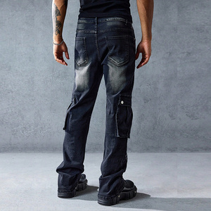 Dunkelblaue Jeans mit Sonnen muster-Silber nieten & Brief druck design | Große Tasche Strass verziert Jeans mit weitem Bein - Product Image 6