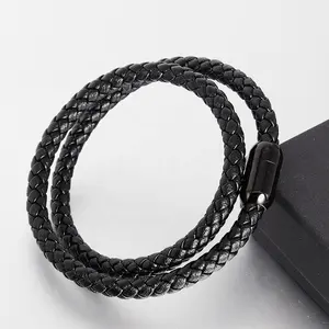 Regalo de Navidad, joyería de muñeca larga promocional, pulsera trenzada de cuero genuino, cierre magnético de acero inoxidable para hombres simples