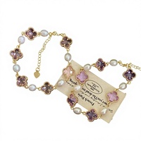 Bracelet Doux pour Femme en Or Rose avec Fleur à Quatre Feuilles, Perle d'Eau Douce et Cristal de Citrine Naturelle pour Célébration d'Anniversaire