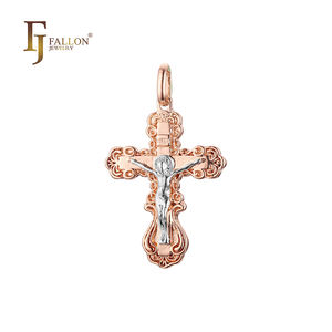 Joyería de Moda FJ Fallon, Colgante de <span class=keywords><strong>Cruz</strong></span> <span class=keywords><strong>Ortodoxa</strong></span> <span class=keywords><strong>Rusa</strong></span> con Capullo, Chapado en Oro Rosa, Base de Latón de Dos Tonos - Product Image 1