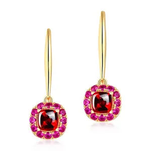 Charming red garnet real gold plated silver drop hoop earrings,bling bling pendant earring