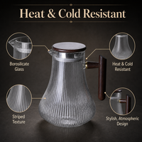 Pichet à eau moderne et simple en verre borosilicate de 1500 ml avec 300 ml de verres, couvercle à poignée en bois, résistant à la chaleur pour thé froid