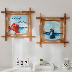 Arte Mural 3D Estilo Mediterráneo con Diseño Oceánico, Marco de Madera de Pino, Decoración Colgante de 2 Piezas, Decoración para el Hogar, Diseño Rectangular Panorámico - Product Image 1