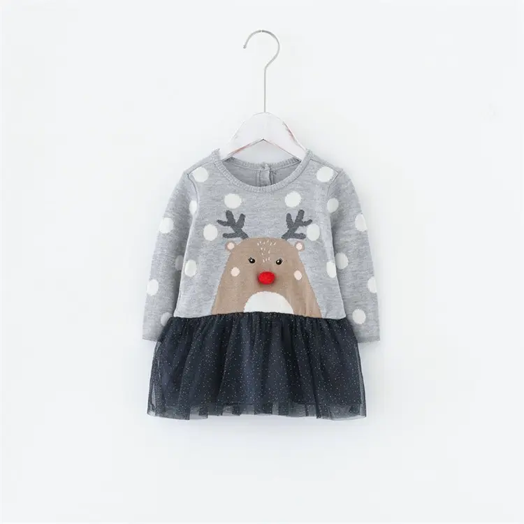 Autumn and winter Custom knitwear Jacquard Christmas dress reindeer pattern knit cotton lace simple children clothes dress