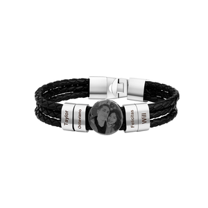 Triple Leather Braided Bracelet with Stainless Steel Family Photo Round Charm Bracelet for Men | Blank or Custom Logo with Laser - Product Image 1