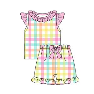 Conjunto de Ropa para Bebé Niña al por Mayor: Top a Cuadros con Volantes y Pantalones Cortos con Lazo, Atuendo de Boutique de Verano para Niñas Pequeñas, Conjunto de Ropa Infantil - Product Image 1